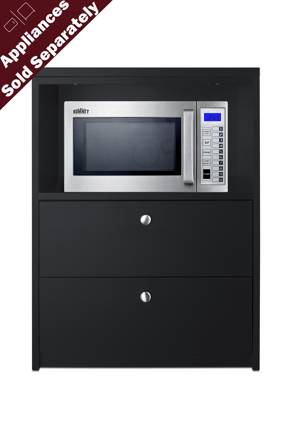 Fully assembled casework cabinet with two storage drawers in ADA compliant height and black finish designed to accept compact microwaves
